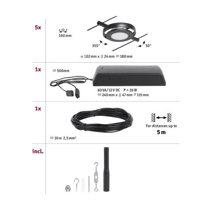 Paulmann 94418 - KOMPLEKT 5xLED/4,5W Kohtvalgusti nöörisüsteemile ROUNDMAC 230V must