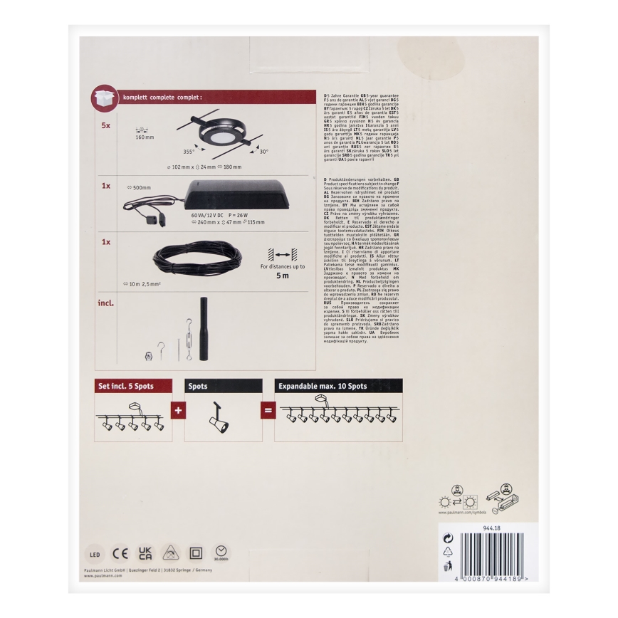 Paulmann 94418 - Komplekt 5xLED/4,5W Täielik ROUNDMAC juhtmevalgustussüsteem 230V must