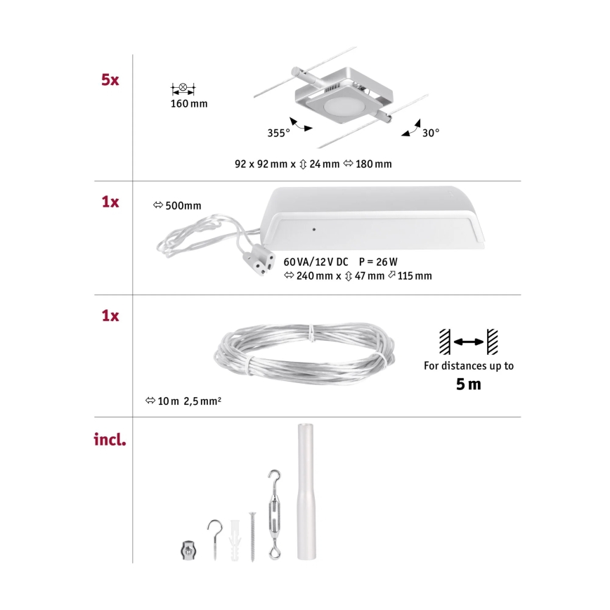 Paulmann 94420 - Komplekt 5xLED/4,5W Täielik MAC 230V kaablisüsteem mattkroom