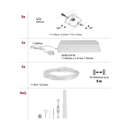 Paulmann 94432 - KOMPLEKT 5xGU5,3/10W Kohtvalgusti nöörisüsteemile MAC 230V valge