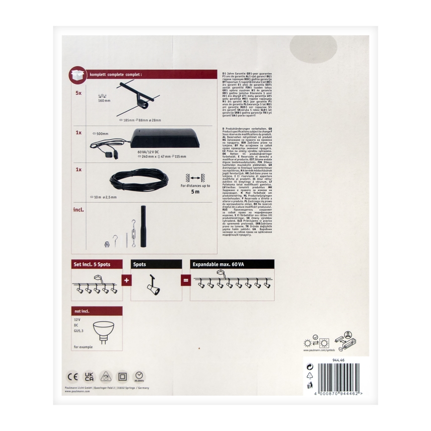 Paulmann 94446 - Komplekt 5xGU5,3/10W – täielik SALT-traadivalgustussüsteem 230V, must