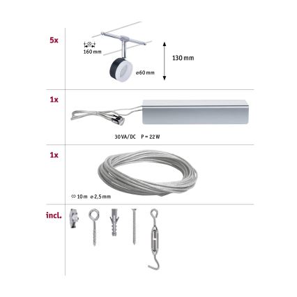 Paulmann 94457 - KOMPLEKT 5×LED/4W Täiskomplektne kaablisüsteem CLEAR 230V must/läikiv kroom