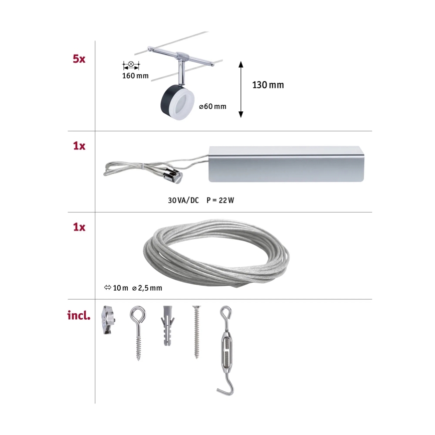 Paulmann 94457 - KOMPLEKT 5×LED/4W Täiskomplektne kaablisüsteem CLEAR 230V must/läikiv kroom