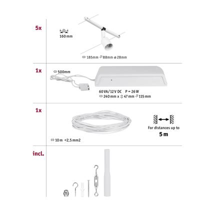 Paulmann 94458 - KOMPLEKT 5xGU5,3/10W Kohtvalgusti nöörisüsteemile SALT 230V valge