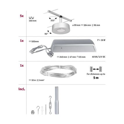 Paulmann 94475 - KOMPLEKT 5xLED/5W Kohtvalgusti nöörisüsteemile CIRCLE 230V matt kroom