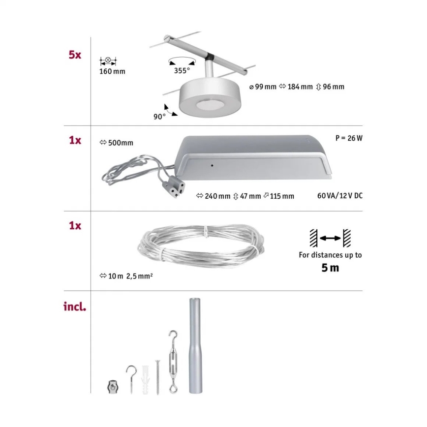 Paulmann 94475 - KOMPLEKT 5xLED/5W Kohtvalgusti nöörisüsteemile CIRCLE 230V matt kroom