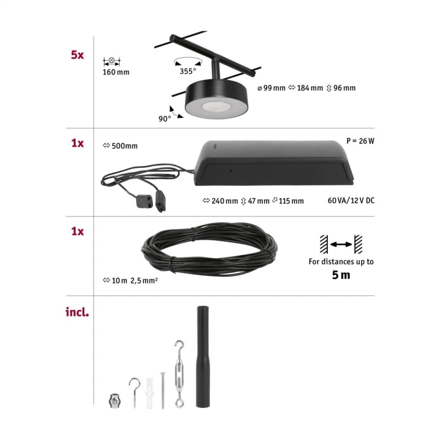Paulmann 94479 - komplekt 5× LED/5 W, täielik CIRCLE trossvalgustussüsteem, 230 V, must