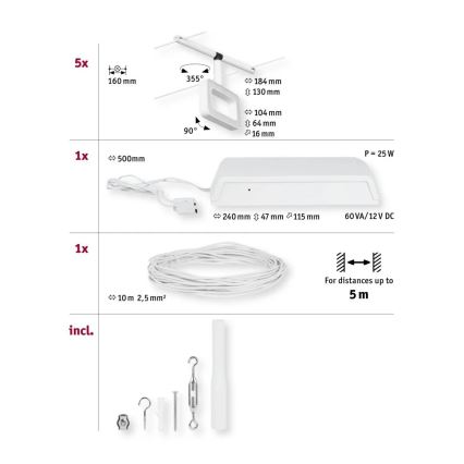 Paulmann 94483 - KOMPLEKT 5xLED/4,8W Kohtvalgusti nöörisüsteemile FRAME 230V valge