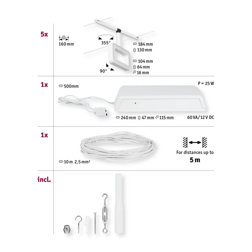 Paulmann 94483 - Komplekt 5xLED/4,8W Täielik traadisüsteem FRAME 230V valge