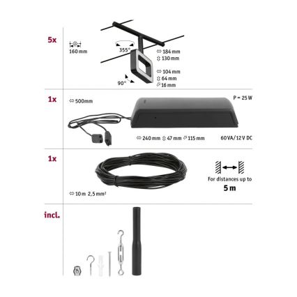 Paulmann 94485 - KOMPLEKT 5xLED/4,8W Kohtvalgusti nöörisüsteemile FRAME 230V must