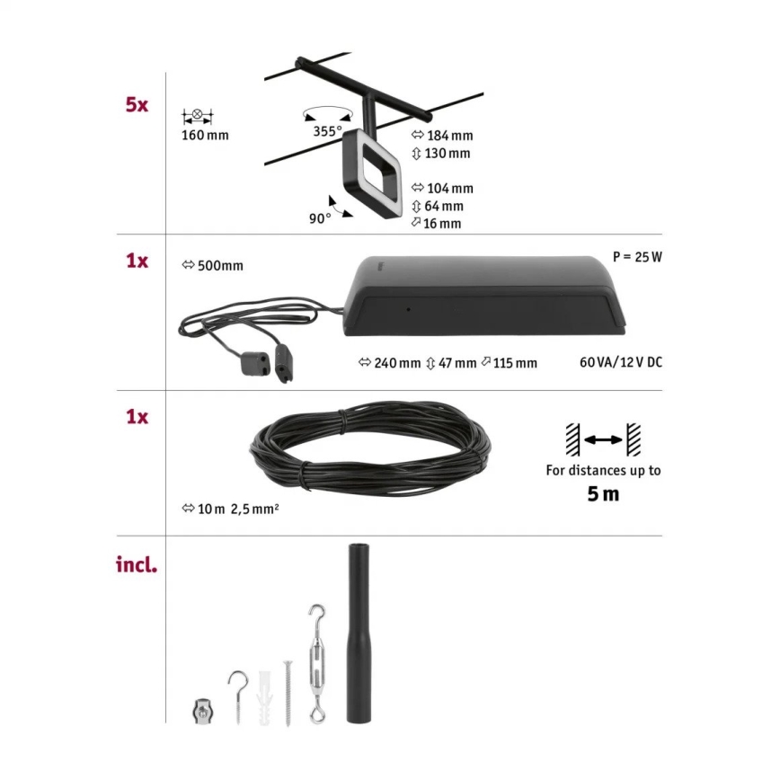 Paulmann 94485 - Komplekt 5xLED/4,8W Täiskomplektne kaablivalgustussüsteem FRAME 230V must