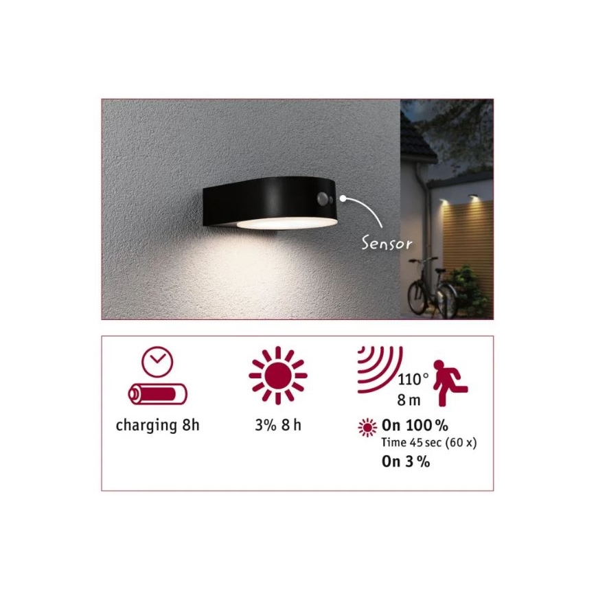 Paulmann 94570 - LED/5,5W IP44 Päikesepaneeliga seinavalgusti koos anduriga EILEEN 3,7V 2000 mAh