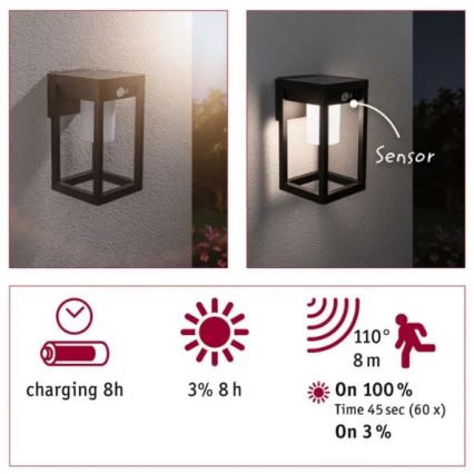 Paulmann 94572 -LED/5,5W IP44 Päikesepaneeliga seinavalgusti koos anduriga MARISOL 3,7V