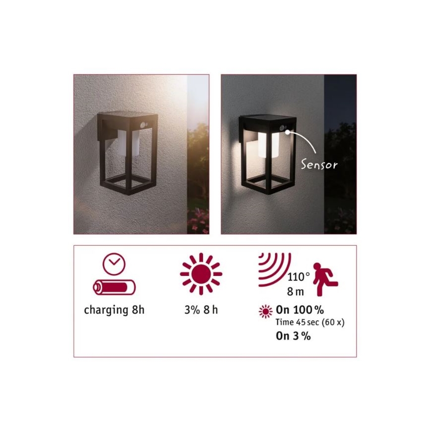 Paulmann 94572 -LED/5,5W IP44 Päikesepaneeliga seinavalgusti koos anduriga MARISOL 3,7V 2000 mAh