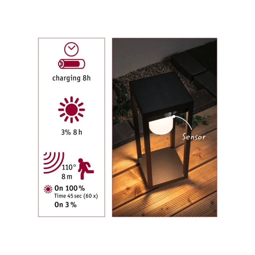 Paulmann 94573 - LED/5,5W IP44 Päiksepatareiga valgusti anduriga MARISOL 3,7V 2000 mAh