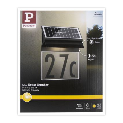 Paulmann 94694 - LED/0,2W IP44 Päikesepaneeliga majanumber NEDA 3,7V 1800 mAh
