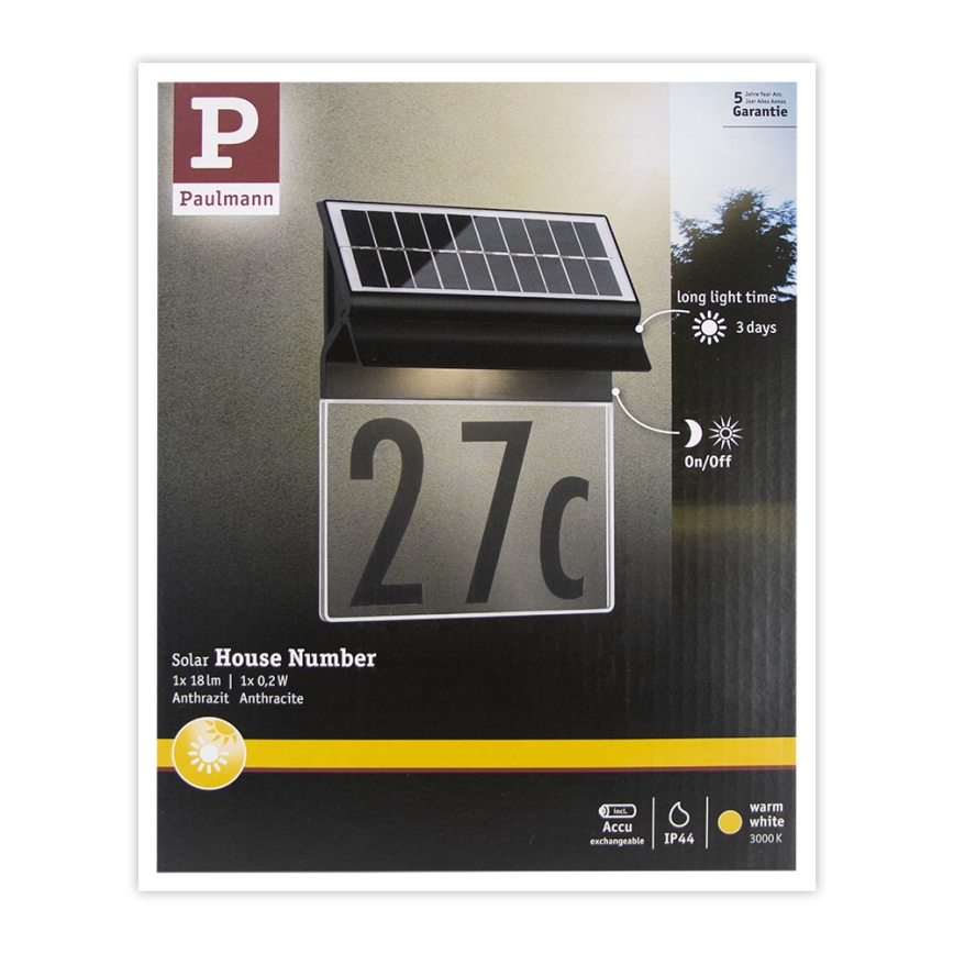Paulmann 94694 - LED/0,2W IP44 Päikesepaneeliga majanumber NEDA 3,7V 1800 mAh