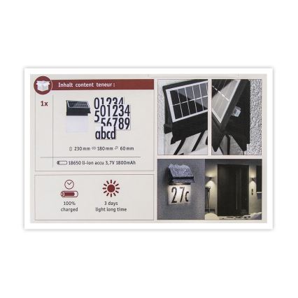 Paulmann 94694 - LED/0,2W IP44 Päikesepaneeliga majanumber NEDA 3,7V 1800 mAh