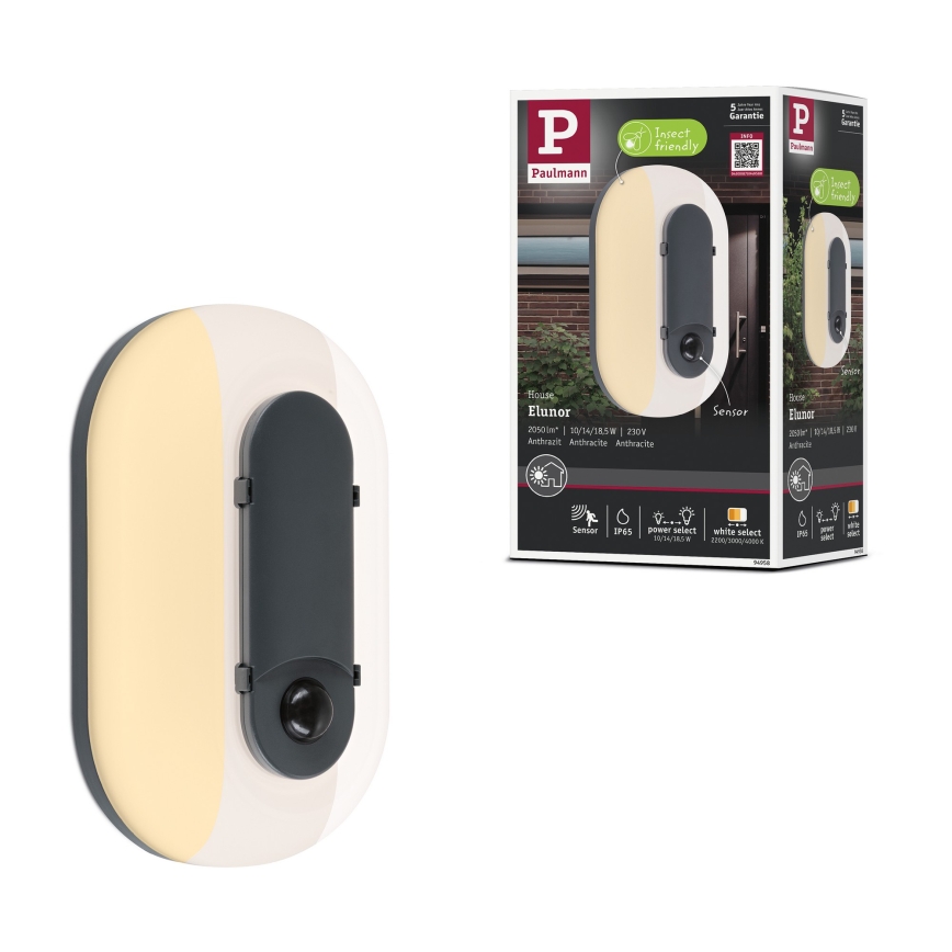 Paulmann 94958 - LED/18,5W IP65 Hämardatav välisseinale paigaldatav seinavalgusti liikumis- ja hämarussensoriga ELUNOR 230V 2200/3000/4000K antratsiit