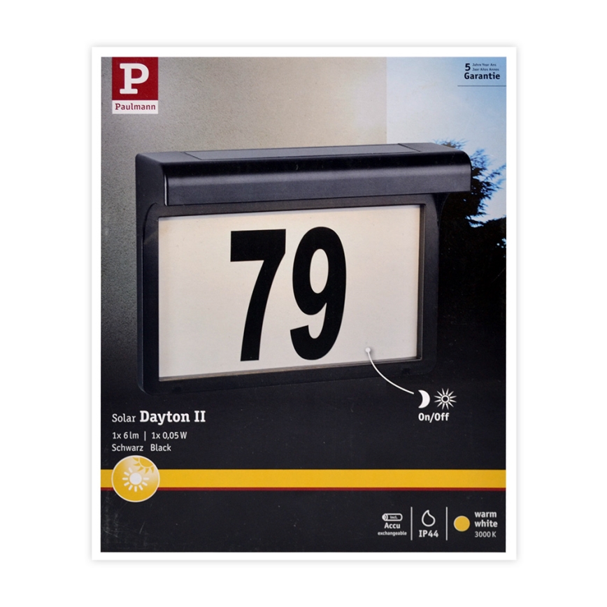 Paulmann 95388 - LED/0,05W IP44 Päikesepaneeliga majanumber anduriga DAYTON 4,8V