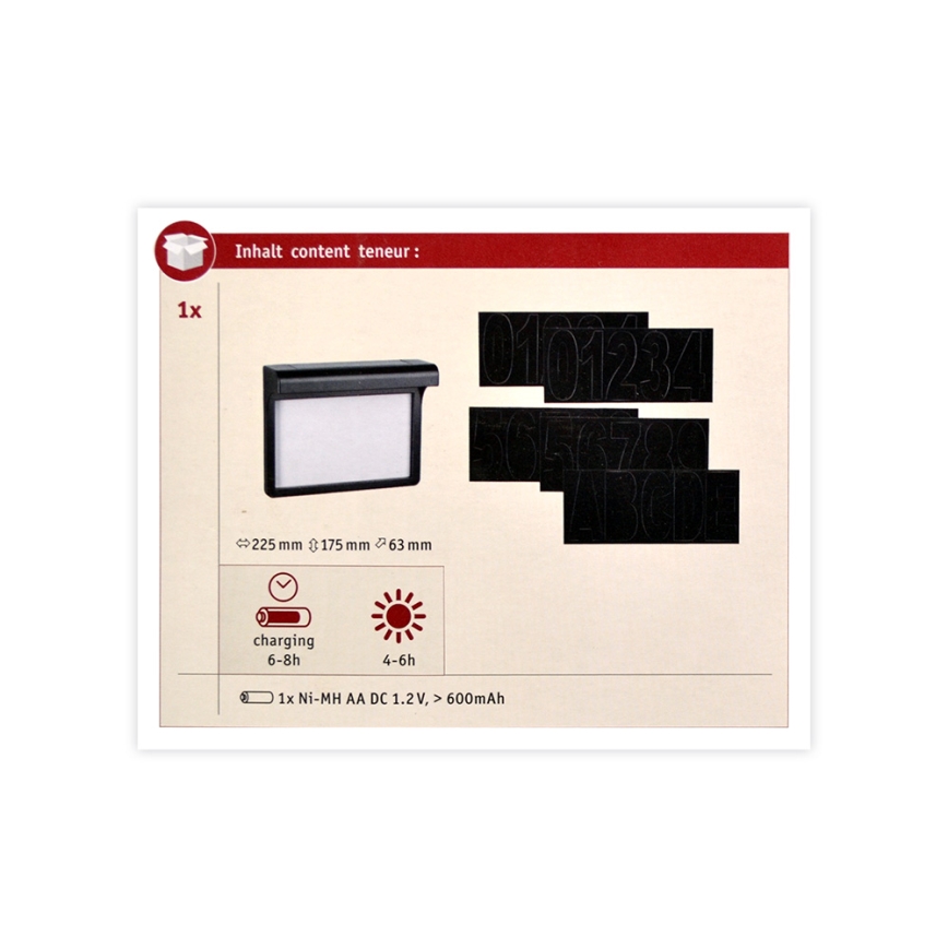 Paulmann 95388 - LED/0,05W IP44 Päikesepaneeliga majanumber anduriga DAYTON 4,8V
