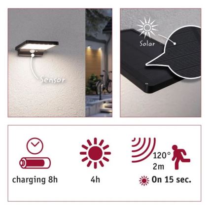 Paulmann 95393 - LED/4W IP44 Hämardatav päikesepaneeliga seinavalgusti koos anduriga SOLVEIG 3,7V 2000 mAh