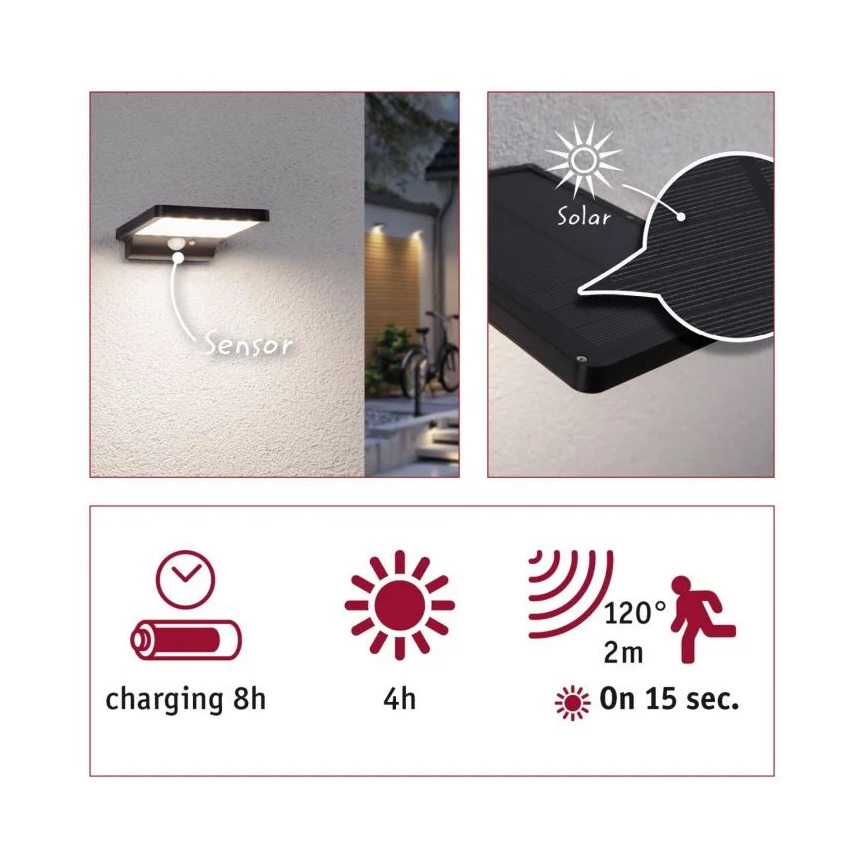Paulmann 95393 - LED/4W IP44 Hämardatav päikesepaneeliga seinavalgusti koos anduriga SOLVEIG 3,7V 2000 mAh