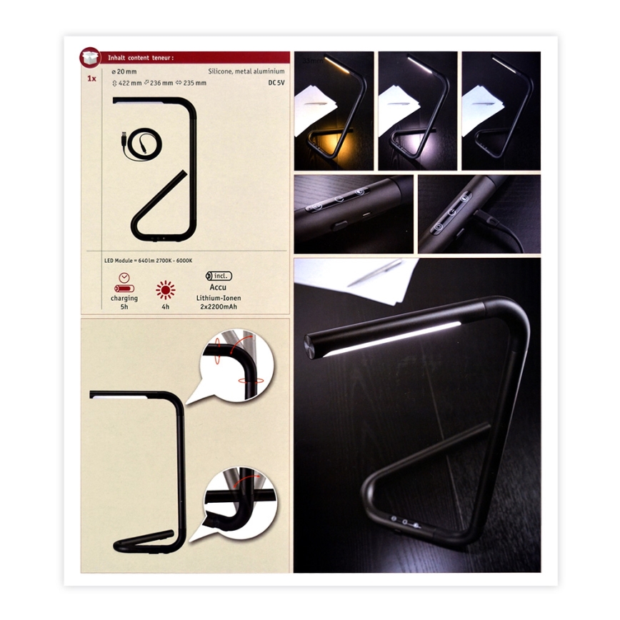 Paulmann 95424- LED/4,5W LED Hämardatav puutetundlik laualamp FLEXLINK 5V/USB 4400 mAh must