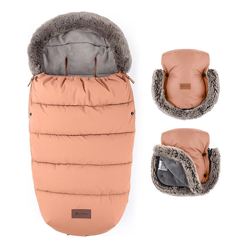 PETITE&MARS - KOMPLEKT Beebi soojakott 4-ühes COMFY + kärukindad FURRY pastelloranž