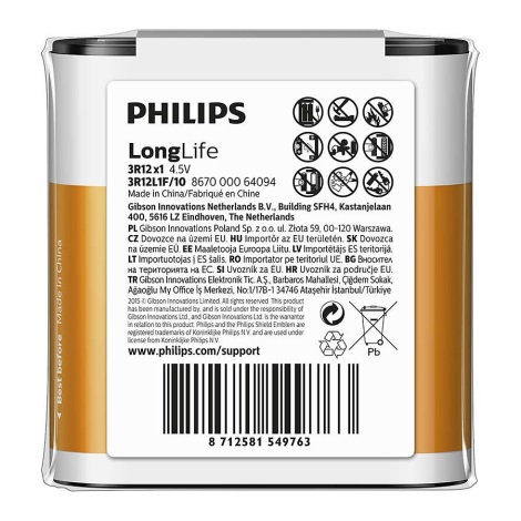 Philips 3R12L1F/10 - tsink-kloriidi patareid 3R12 LONGLIFE 4,5V