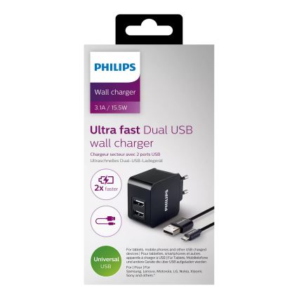 Philips DLP2307U/12 - Laadimisadapter 2xUSB/15,5W/230V + kaabel micro USB 1m