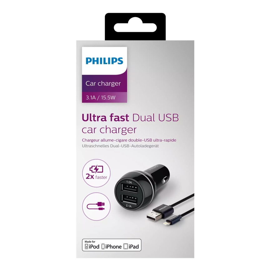 Philips DLP2357V/10 - Autolaadija 2xUSB/12V + kaabel USB/lightning ühendus