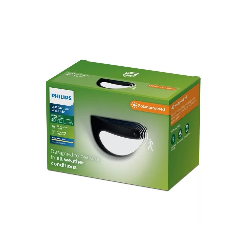 Philips - LED päikeseenergial töötav seinavalgusti anduriga SWYN LED/3,8W/3,7V 800 mAh 2700K IP44 must