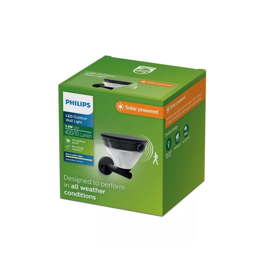 Philips - KYNA LED päikese seinalamp liikumisanduriga, 3,8W/3,7V, 800 mAh, 2700K, IP44, must
