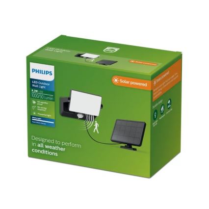 Philips - LED päikesepaneeliga seinavalgusti anduriga FYNS LED/8,2W/3,7V 2600 mAh 3000K IP44 must