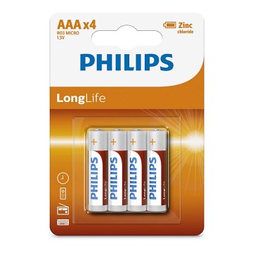 Philips R03L4B/10 - 4 tk Tsinkkloriidpatarei AAA LONGLIFE 1,5V 450mAh