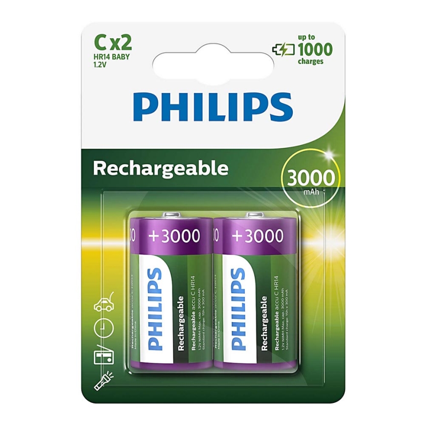 Philips R14B2A300/10 - 2 tk Laetavad patareid C MULTILIFE NiMH/1,2V/3000 mAh