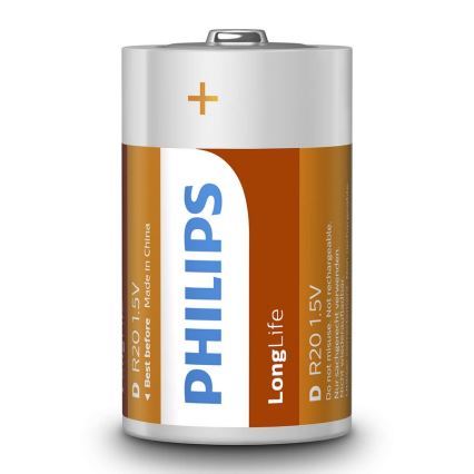 Philips R20L2B/10 - 2 tk Tsinkkloriid patarei D LONGLIFE 1,5V 5000mAh