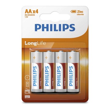 Philips R6L4B/10 - 4 tk Tsinkkloriidpatarei AA LONGLIFE 1,5V 900mAh