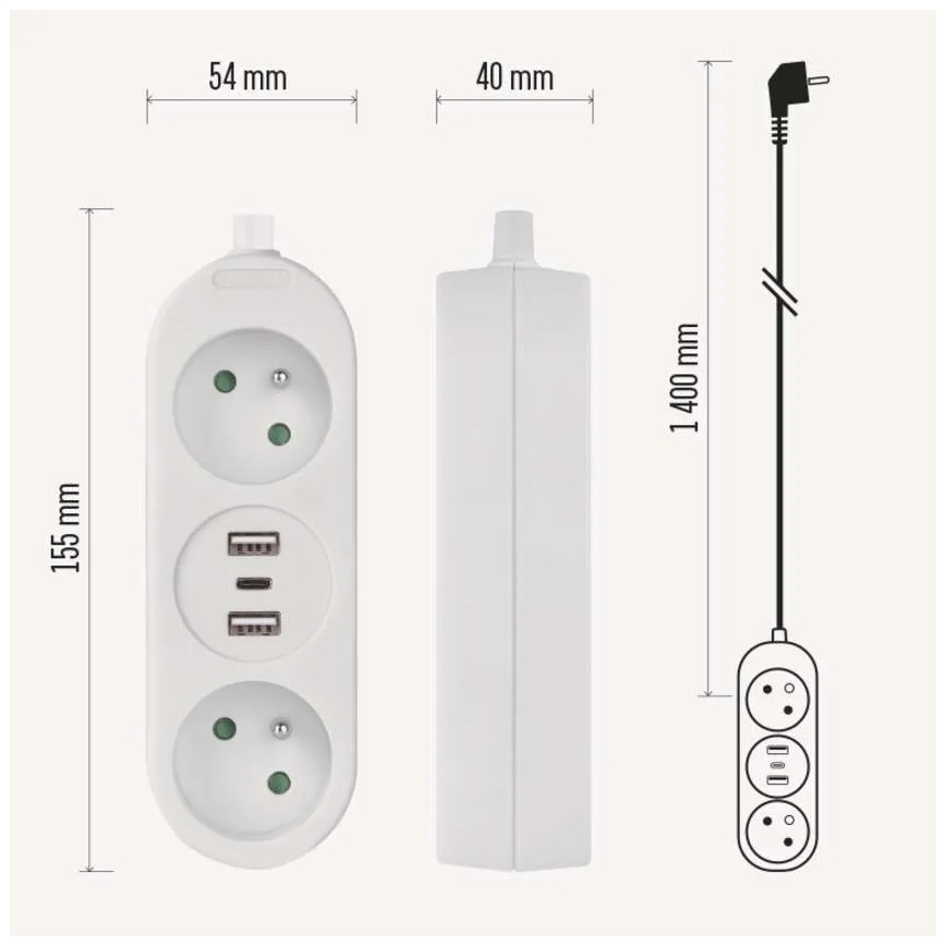 Pikendusjuhe 2 pistikupesaga + 2× USB-A + USB-C, 1,4 m