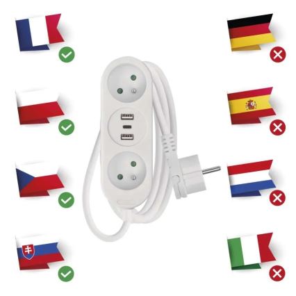 Pikendusjuhe 2x pistik + 2x USB-A + USB-C 1,4 m