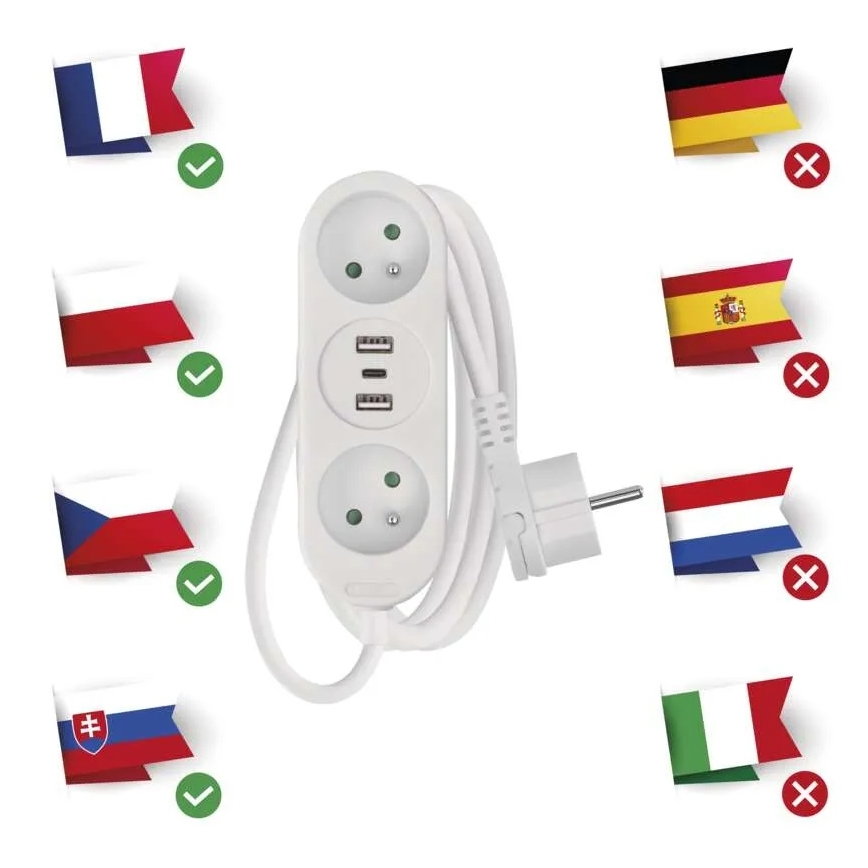 Pikendusjuhe 2x pistik + 2x USB-A + USB-C 1,4 m