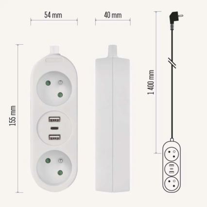 Pikendusjuhe 2x pistik + 2x USB-A + USB-C 1,4 m