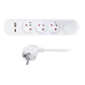 Pikendusjuhe 3-pesaga, lülitiga ja USB-A/USB-C laadimisega, 2 m