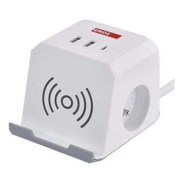 Pikendusjuhe kuubik juhtmevaba laadijaga QI 2Z +2xUSB-A+1xUSB-C 2m valge