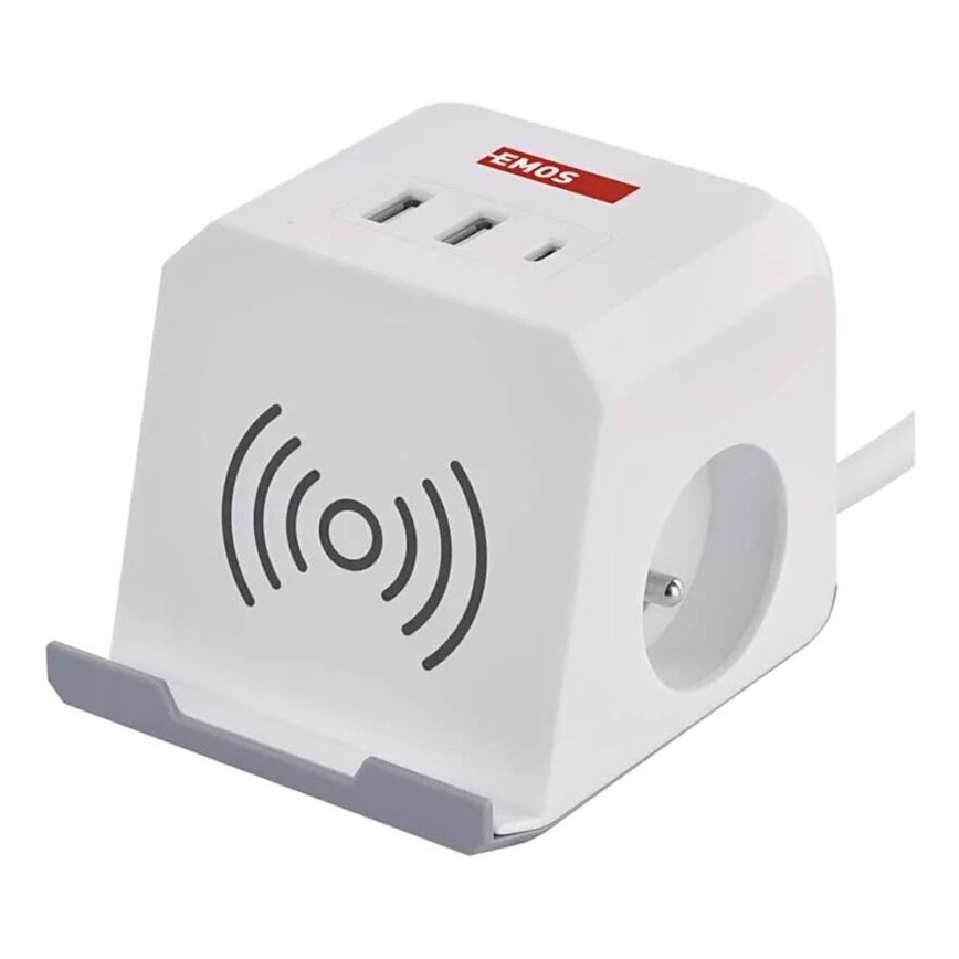Pikendusjuhe kuubik juhtmevaba laadijaga QI 2Z +2xUSB-A+1xUSB-C 2m valge