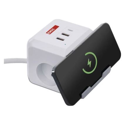 Pikendusjuhe kuubik juhtmevaba laadijaga QI 2Z +2xUSB-A+1xUSB-C 2m valge