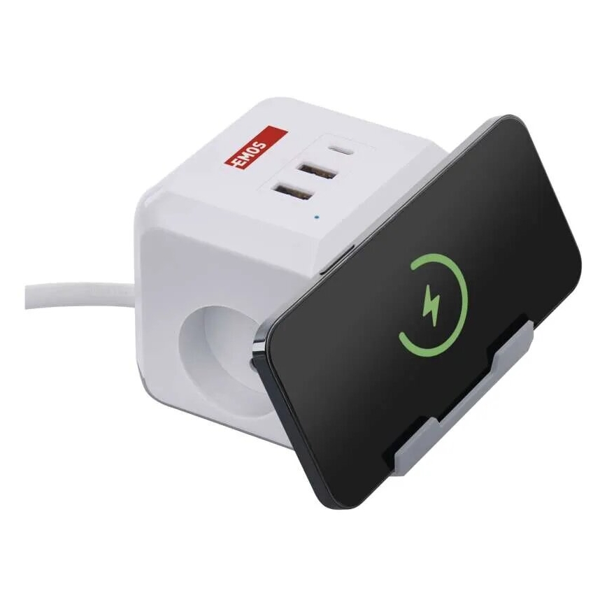 Pikendusjuhe kuubik juhtmevaba laadijaga QI 2Z +2xUSB-A+1xUSB-C 2m valge