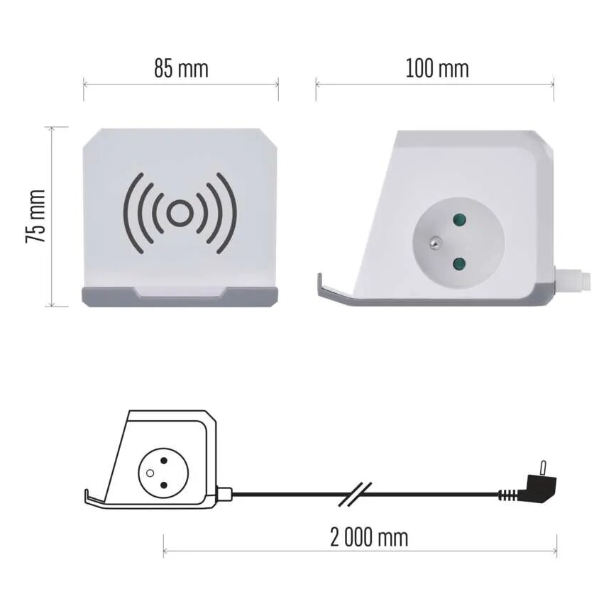 Pikendusjuhe kuubik juhtmevaba laadijaga QI 2Z +2xUSB-A+1xUSB-C 2m valge