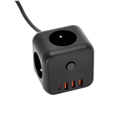 Pikendusjuhe kuubik lülitiga LINEA 3x230V + 4xUSB A/C must